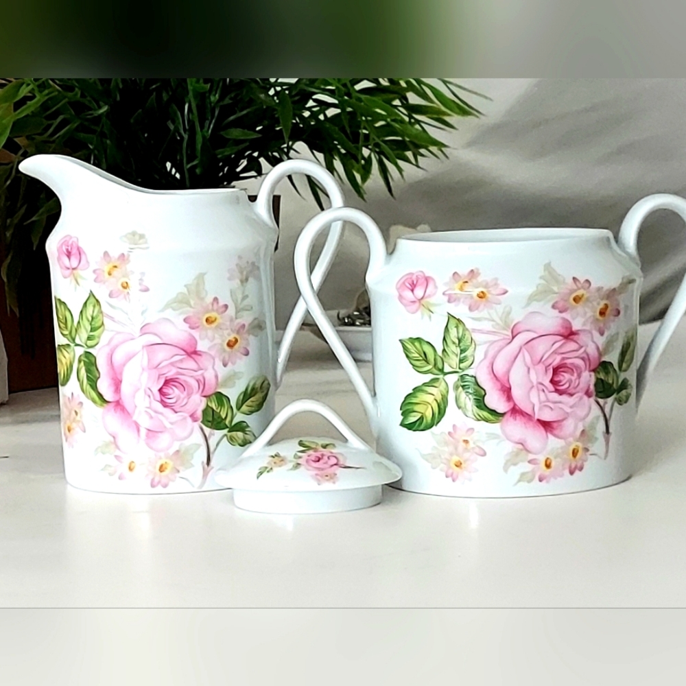 Rare HTF Limoges France Authentique Porvmceliane Pink Rose Pattern Cream & Sugar